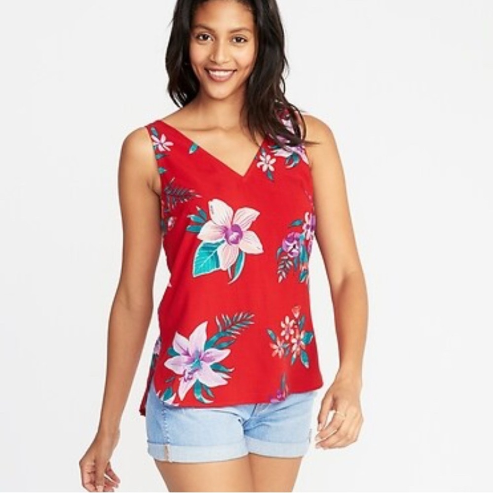 Old Navy Sleeveless V Neck Red Floral Design Tank Top